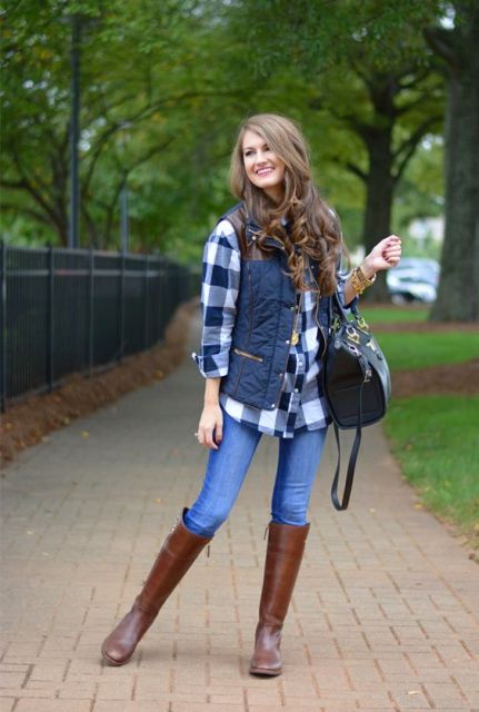 With plaid shirt, jeans and high boots
