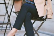 With plaid shirt, leopard flats and neutral jacket
