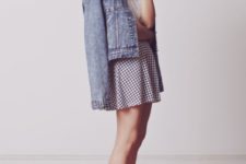 With printed skater skirt and denim jacket