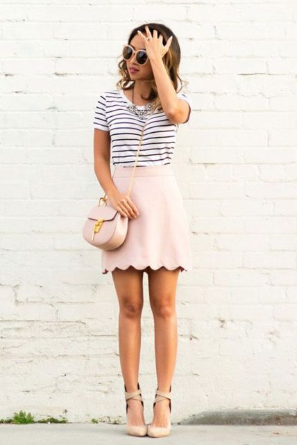 With scalloped skirt and neutral shoes