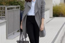 With shirt, gray coat, gray bag and boots