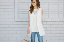 With sleeveless white shirt, cuffed jeans and neutral shoes (would work as work outfit nicely)