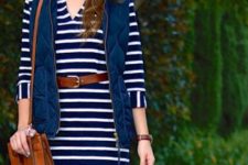 With striped dress, leather belt and bag