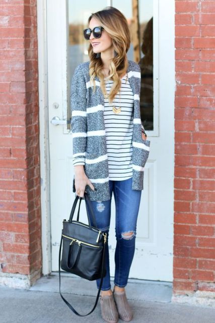 With striped jacket, distressed jeans and neutral shoes