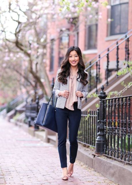 With striped jacket, light pink blouse and flats