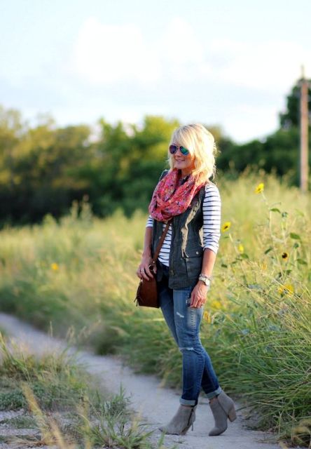 With striped shirt and bright color scarf