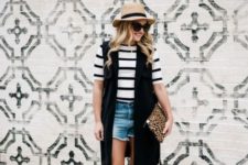With striped shirt, deni shorts and straw hat