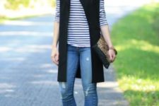 With striped shirt, distressed jeans and red shoes