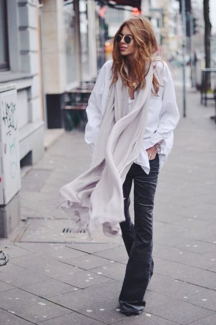 With white button down shirt and oversized scarf