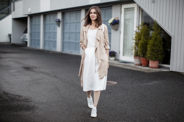 With white midi dress and white sneakers