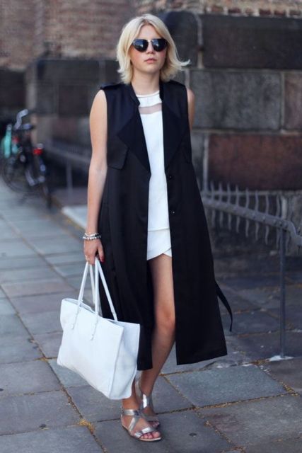 With white mini dress and flat sandals