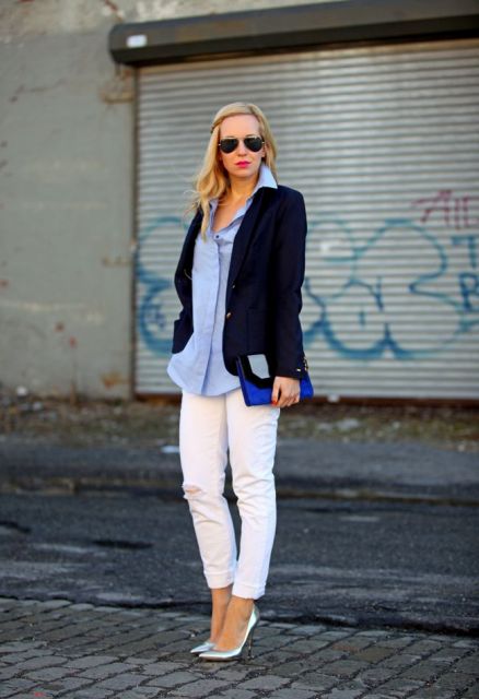 With white pants, button down shirt and jacket