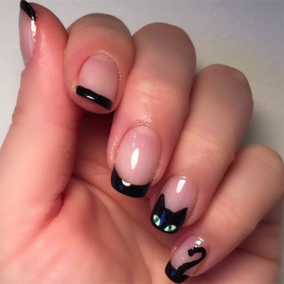 French manicure with cat accents