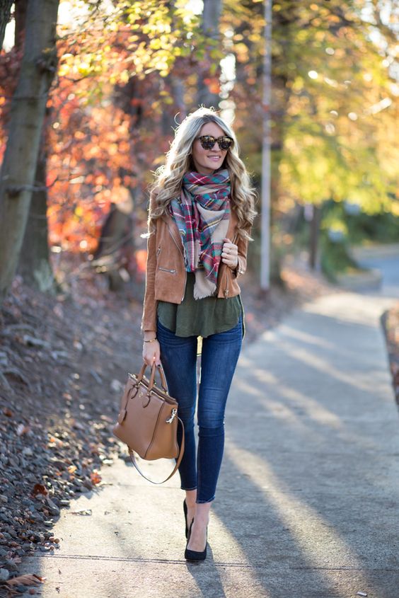 a plaid blanket scarf, army green, a light brown leather jacket