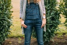 03 a denim overall, ankle boots and a warm grey cardigan