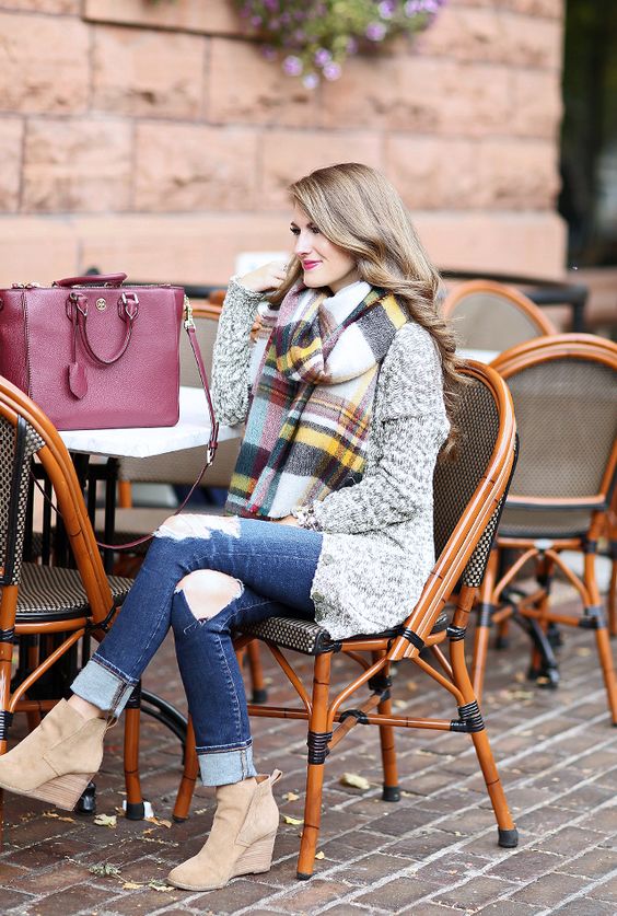 a plaid scarf, ripped jeans, grey oversized sweater and wedged nude booties