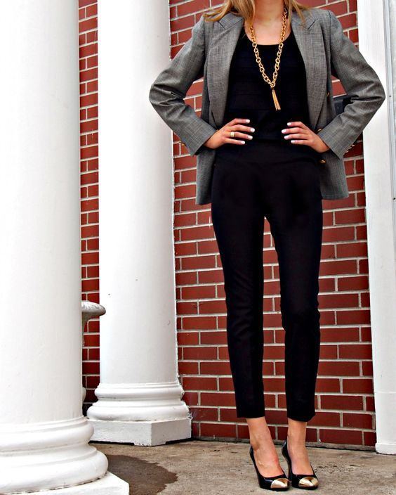 stylish fall work look all black pants and top with a grey blazer coat and gold toed pointed pumps