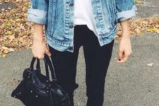 05 black jeans, a white tee, a denim jacket, checked slip-ons