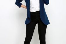 07 black jeans, a white top, a navy blazer and brown ankle boots