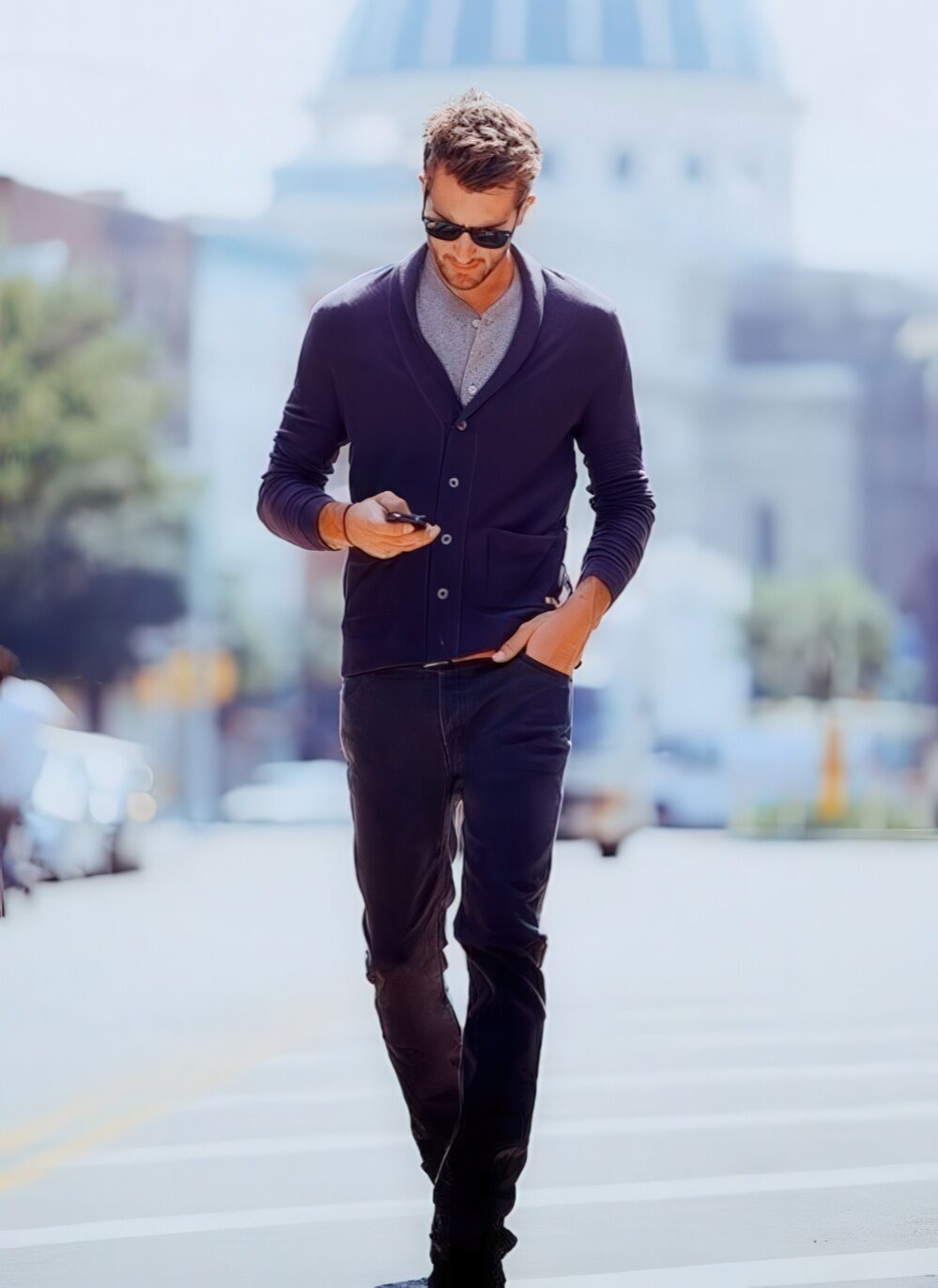 black shirt grey cardigan