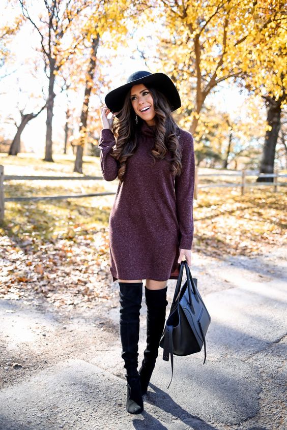 sweater dress and OTK boots with a hat