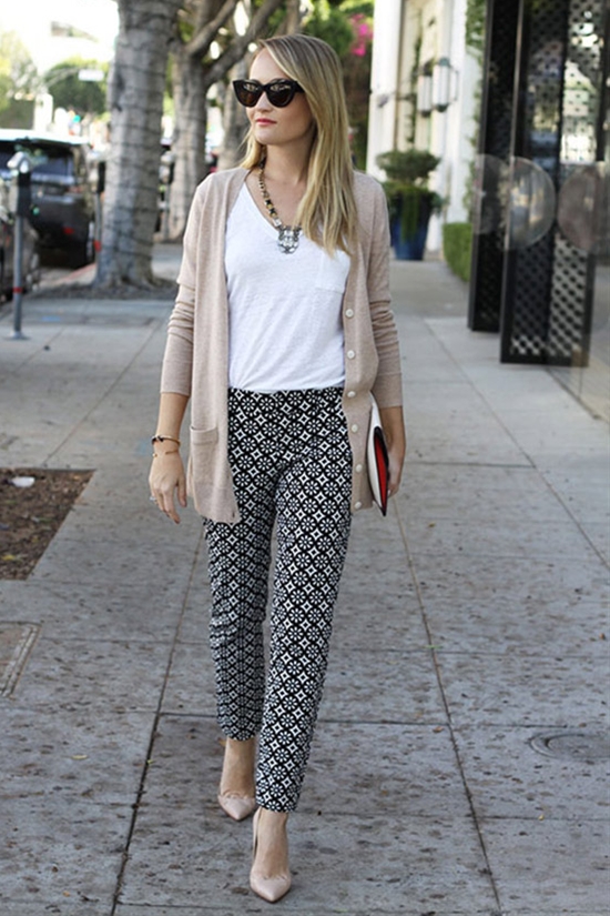 cropped printed pants and boyfriend cardigan with flats or heels