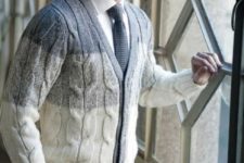 08 ombre grey cardigan paired with a white shirt and a grey tie