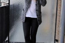 08 work look with black pants, a white tee and a grey cardigan