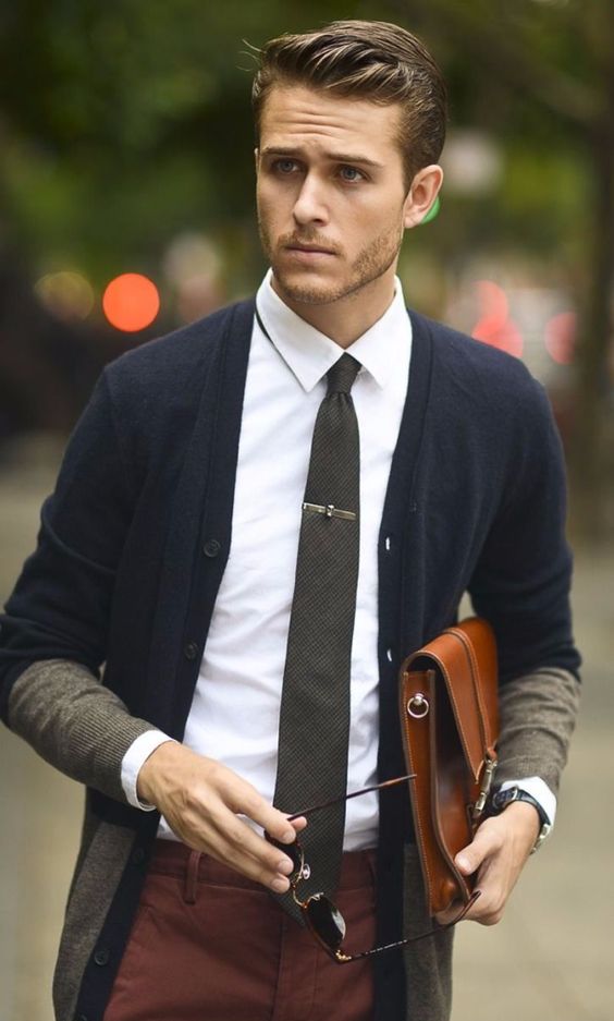navy and brown cardigan with a white shirt and a grey tie (cool office outfit)