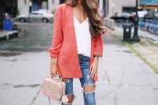 09 ripped jeans, heels and a coral cardigan
