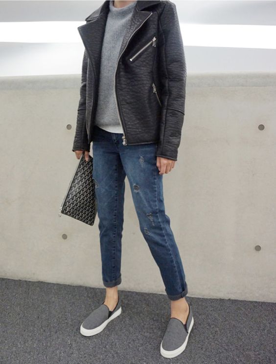 comfy casual with grey sneakers and a sweater