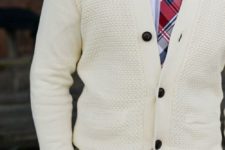 10 ivory cardigan, a white shirt and a checked tie