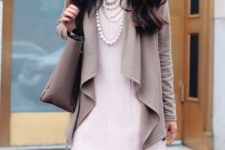 10 short ruffle cardigan, a blush dress and a strand of pearls are ideal for work