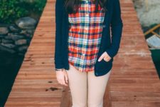 11 cropped nude pants, a plaid shirt, a navy cardigan and red shoes