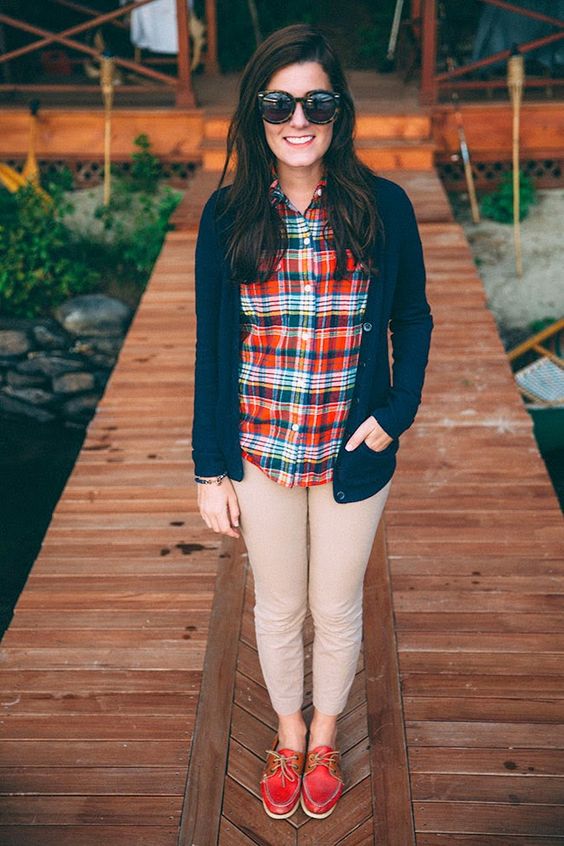 cropped nude pants, a plaid shirt, a navy cardigan and red shoes