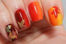 13 ombre yellow to red nails with leaves