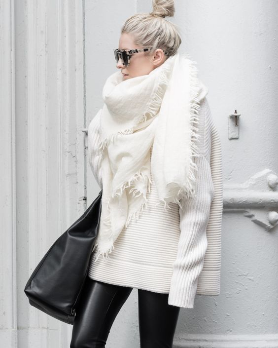 white oversized sweater, white blanket scarf, leather leggings