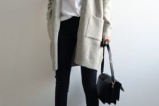 15 dove grey cardigan, cropped black jeans, a white tee and black shoes for the office