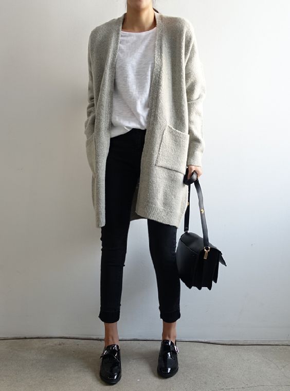 dove grey cardigan, cropped black jeans, a white tee and black shoes for the office