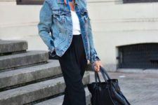 16 high waist trousers, a white top and a denim jacket