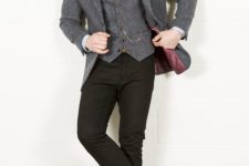 17 black pants and a classic tweed vest and jacket