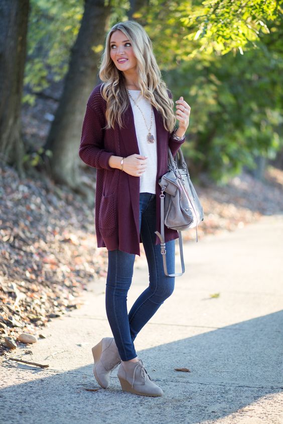 jeans, wedges, a purple cardigan and a white t-shirt