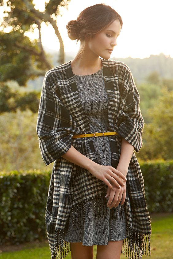 tweed grey dress and a checked black and white scarf