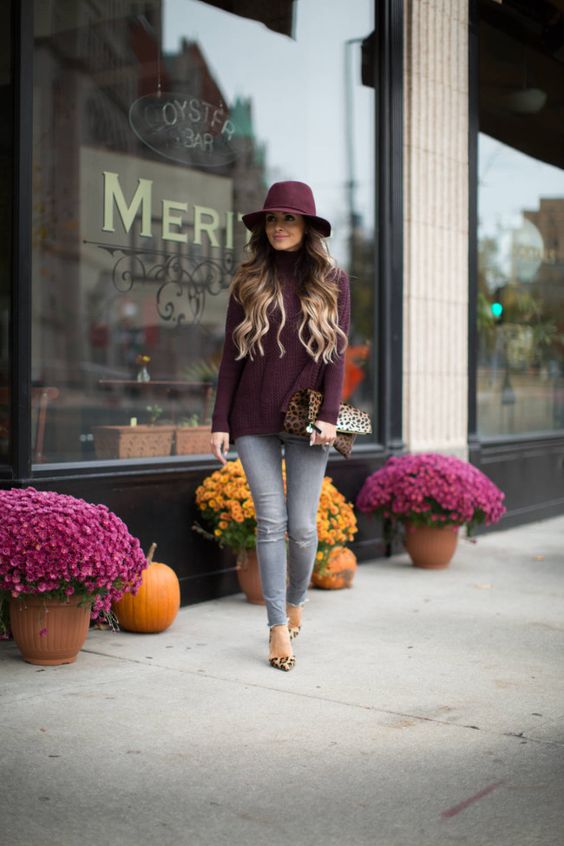 purple sweater, grey jeans and leopard print shoes