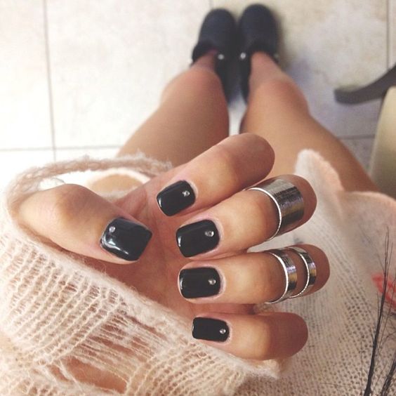black nails with rhinestones