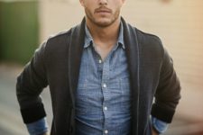 27 black cardigan looks great with a chambray shirt