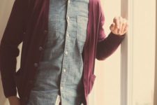 28 another great idea for a chambray shirt is a burgundy cardigan