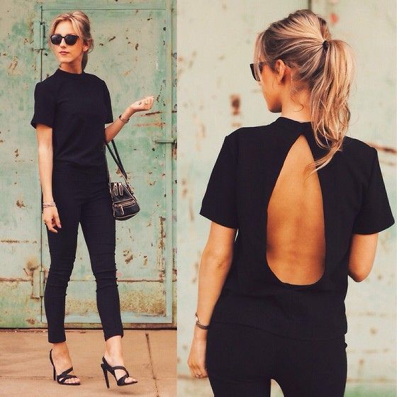 t-shirt with a cutout back, cropped jeans and heels