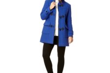 Blue coat with white shirt, black pants and pumps
