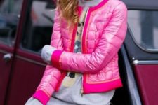 Bright pink jacket with printed shirt and skinnies